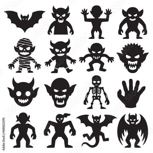 Collection of spooky halloween silhouettes featuring monsters bats skeletons and ghouls for festive decorations
