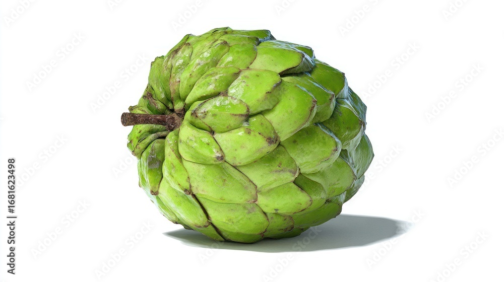 Obraz premium Textured green custard apple fruit sits isolated on a bright white surface