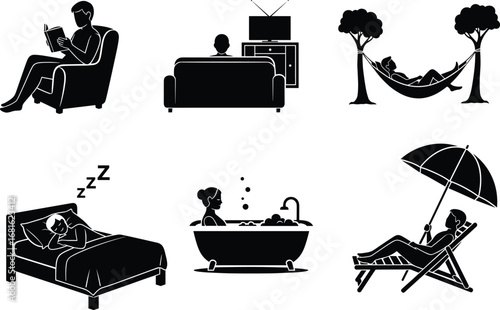 PrintRelaxation silhouette vector set, reading, watching TV, hammock, bubble bath, sleeping, beach lounging, leisure activity, weekend rest, self-care, wellness, comfort icons