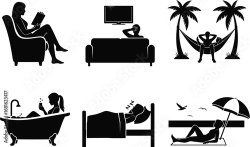 PrintRelaxation silhouette vector set, reading, watching TV, hammock, bubble bath, sleeping, beach lounging, leisure activity, self-care, weekend rest icons