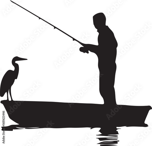 Silhouette of a man fishing from a boat with a heron standing nearby on the water vector