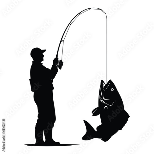 Fisherman silhouette proudly displays a large catch hooked on his fishing rod silhouette
