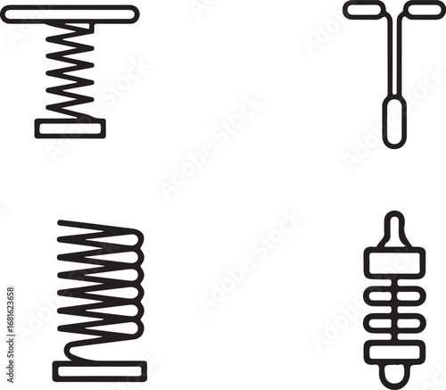 Outline Vector Grid of Spring and Bounce Icons Springboard, Pogo Stick, Trampoline, Coiled Spring, and Shock Absorber