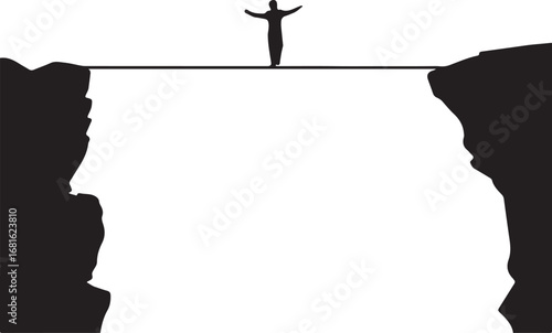 Silhouette of person balancing on a tightrope between two cliffs tightrope walker