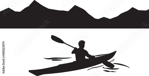 Silhouette of person kayaking on water with mountain range background canoe paddle