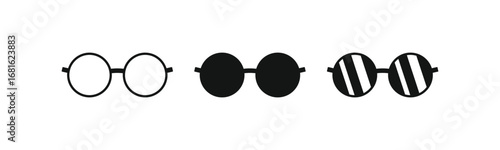 A vector icon set showing round glasses in three styles: an outline, a solid black fill, and a solid black fill with stripes. Ideal for fashion, hip, or retro-themed designs