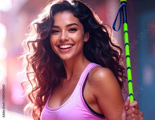 Nordic Walking with a eautiful young woman on her sportive workout laughing in joy holding up her nordic walking pole.jpg