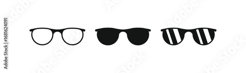 A vector icon set featuring classic sunglasses in three styles: an outline, a solid black fill, and a solid black fill with stripes. Ideal for fashion, summer, or party-themed projects