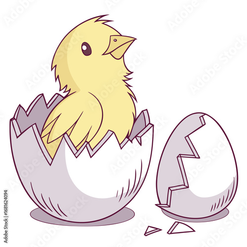 Adorable yellow chick hatching from cracked eggshell with purple outline bird baby