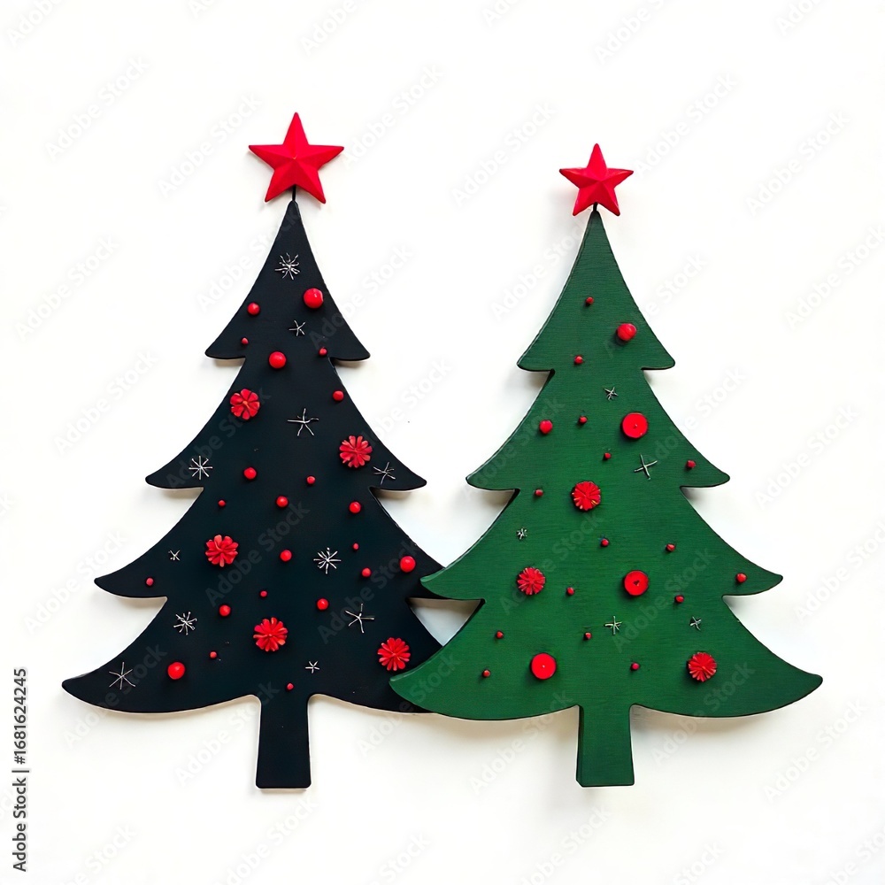 Obraz premium Minimalist Christmas Trees Vector, Black with Green and Red Accents, White Background, Holiday Decoration