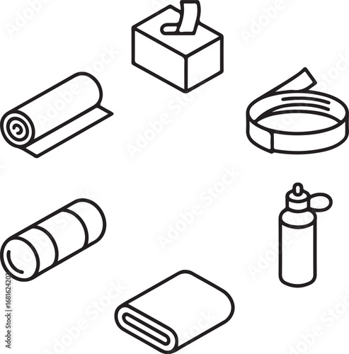 Yoga and fitness equipment line icon set featuring yoga mat water bottle and towel