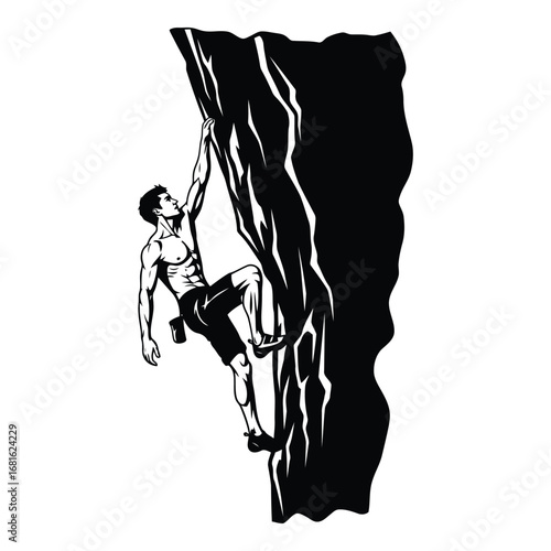 Athletic man ascends steep mountain cliff face reaching for new heights outdoor adventure silhouette
