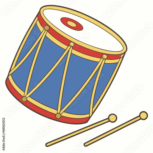 Blue red toy drum with yellow accents drumsticks music percussion