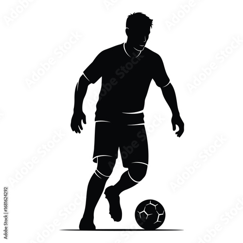 Dynamic silhouette of a soccer player dribbling the ball with intense focus and athletic movement silhouette