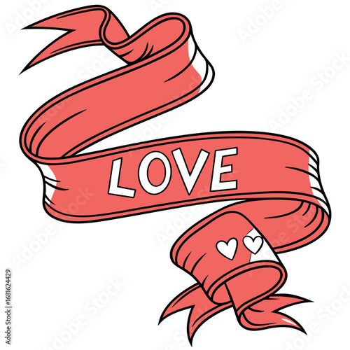 Coral ribbon banner with the word love a small heart vector