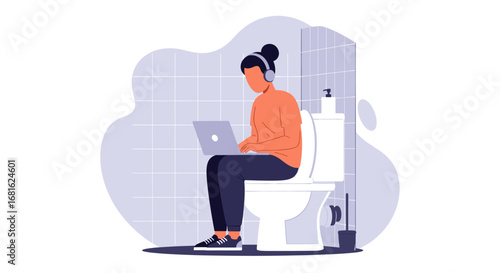 Person with headphones focused on a laptop while sitting on a toilet, depicting remote work, privacy, and unconventional productivity in modern lifestyle.