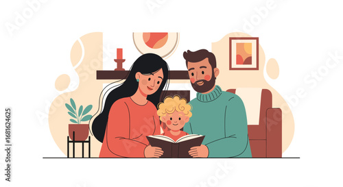 Happy family reading a book together at home, sharing a joyful moment of learning and bonding. Ideal for parenting, education, and lifestyle content.