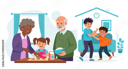 Happy family enjoying leisure time at home. Grandparents bake with their granddaughter, while two boys play, depicting joyful intergenerational connection.