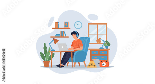 A person wearing headphones works remotely on a laptop in a cozy home office setup. Ideal for concepts like productivity, online learning, work-from-home, or digital lifestyle.