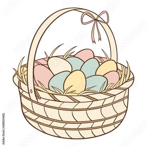 Easter basket filled with pastel colored eggs straw colors