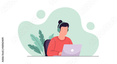 Person with headphones focused on laptop work, surrounded by a plant, symbolizing remote work, online learning, or digital productivity. Ideal for business and modern lifestyle themes.