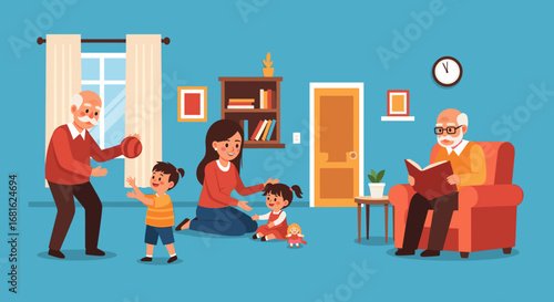 Generational family joyfully interacting at home. Grandparents, mother, and children playing and reading, depicting care and togetherness.