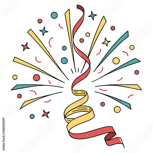 Festive explosion red yellow teal confetti stars streamers celebration