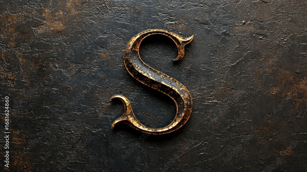 Fototapeta premium A gold letter S on a dark, textured background with a rough, dark stone-like surface.