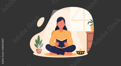 Minimalist illustration of a person engrossed in a book, promoting concepts of education, peaceful hobbies, and comfortable home lifestyle.