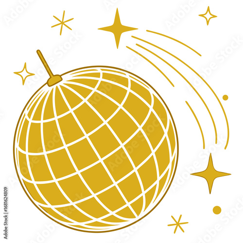 Golden disco ball with shooting stars sparkles yellow