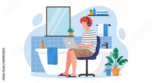 Person working on a laptop in a cozy bathroom, illustrating remote work flexibility and modern lifestyle. Wearing headphones for focus, surrounded by home comforts and plants.