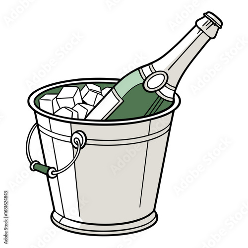 Green bottle champagne chilling in ice filled bucket with handle vector