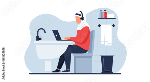 Woman in a hijab and headphones works on her laptop in a bathroom, depicting the reality of remote work and a modern work-life balance.