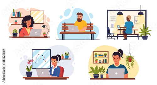 Diverse individuals work remotely on laptops in various settings: home, park, and cafe. Illustrates modern flexible work, freelance life, and digital learning concepts for business and lifestyle.