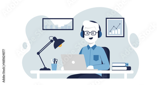 Focused man wearing headphones works remotely on laptop at desk, surrounded by office items and charts, symbolizing productivity and modern business communication.