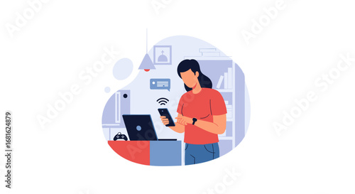 Woman using smartphone and laptop, enjoying seamless connectivity and remote work from her modern home office setup.