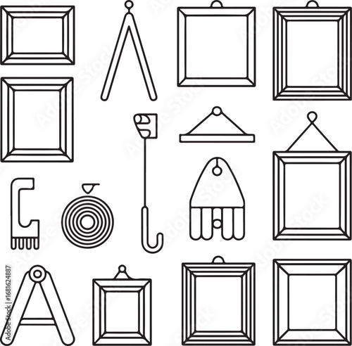 Vector Outline Collection of Framing and Hanging Tools Picture Frames, Matting Board, Wire, Wall Hooks, and Accessories