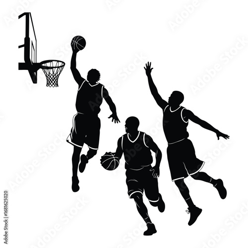 Dynamic basketball players silhouette slam dunk action motion sports silhouette