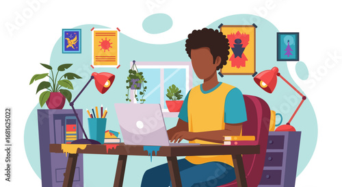 Creative person working remotely on a laptop in a colorful home office setting. Depicts productivity, online learning, freelance work, or lifestyle.