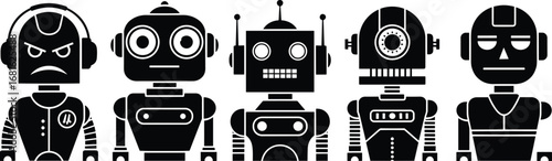 Black silhouettes of various retro robots with different expressions, futuristic technology, AI concept, robot characters, vintage design, automation, robotics innovation, mechanical figures