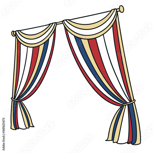 Red blue yellow striped draped curtains tied with a sash drapes fabric