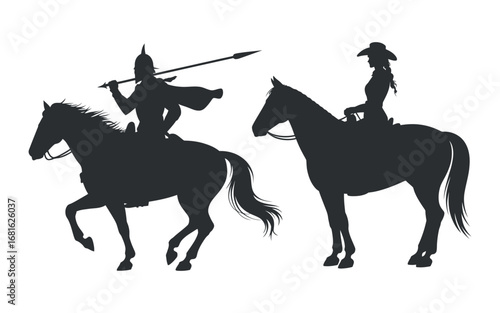 Equestrian Warriors Silhouettes A Dynamic Duo of Horseback Riders in Contrasting Styles on a White Canvas