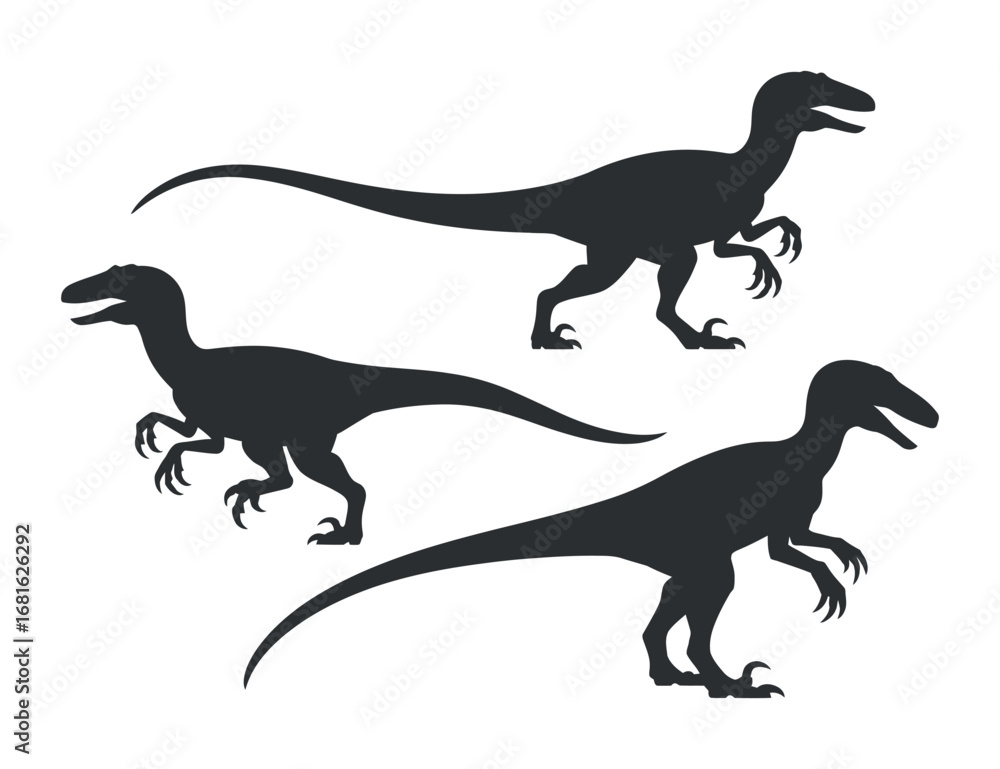 Naklejka premium Silhouette Velociraptor Pack Prehistoric Predator Dinosaur Raptor Jurassic Era Extinct Animal Wildlife Illustration