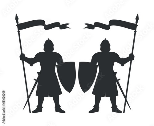 Medieval Knights Silhouette: A Symbol of Valor, Loyalty, and Historical Warfare with Flags and Shields