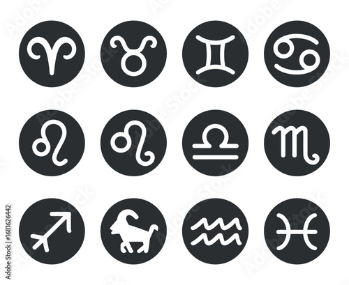 Astrological Zodiac Signs Collection: A Set of Twelve Unique Symbols Representing the Zodiac Constellations