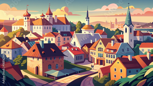 Tallinn Old Town, Estonia, displays colorful houses, medieval walls, and cobblestone streets. Morning light softens rooftops; semi-realistic flat vector emphasizing pastel tones, layered perspectives,