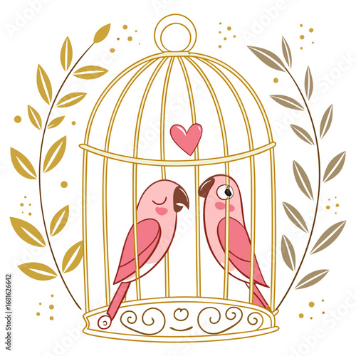 Two pink lovebirds in a golden cage with floral accents romance couple