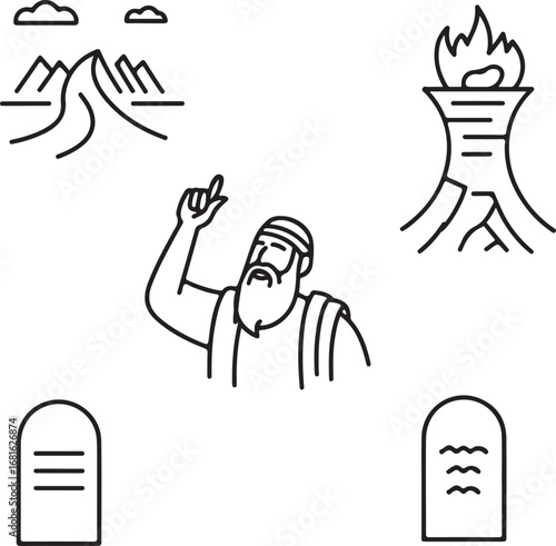 Vector Outline Pack of Promised Land Journey Icons Moses, Commandments, Red Sea Parting, Pillar of Fire, and Burning Bush