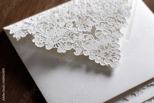 Elegant white laser-cut envelope with intricate floral details on textured paper