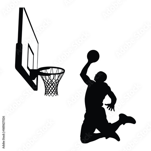 Dynamic silhouette of a basketball player dunking for a score on a silhouette
